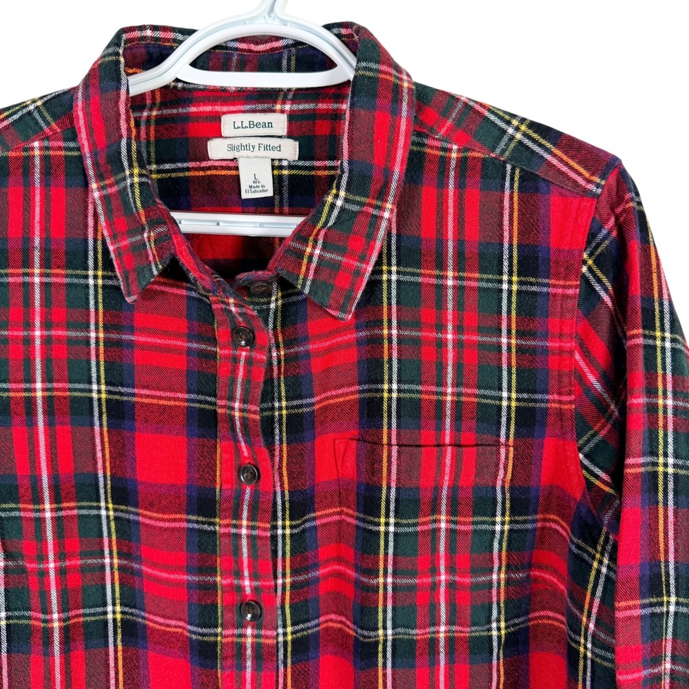 L.L. Bean Scotch Plaid Flannel Shirt Women L Red Cotton Slightly Fitted 298090